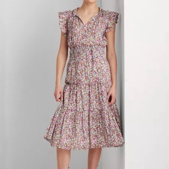Ralph Lauren dress floral capped ruffled midi size 8 NEW - Picture 2 of 15